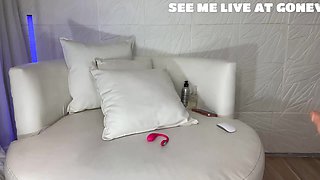 Blonde bombshell in red lingerie teases and toys her pussy on cam