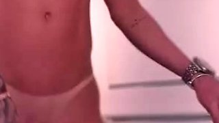 Big tit shemale jerks her long cock