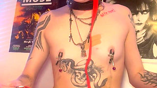 Goth Girl Naked Ballgag Collared Nip Clamps Rides Dildo