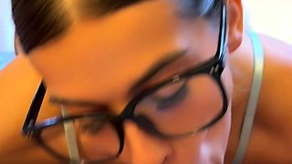 Pale and chubby brunette MILF sucks and tit fucks a big cock