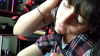 Latina schoolgirl arches her back after giving Footjob