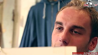 Short haired colleague with naughty jugs sex video