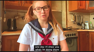 Young Beauty in Japanese College Uniform Masturbates in the Kitchen and Chats with You