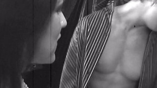 Seductive Brunette in Fishnet Sucks Cock and Licks Pussy Backstage