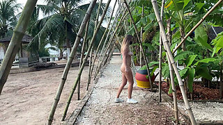 Naked Busty Blonde Risks a Walk Outdoors