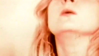 Stockinged Blonde Worships Mustached Stud in Red-tinted Vintage Trio