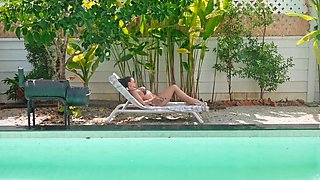 Horny stepmom was happy to see him, when she was sunbathing outside POV