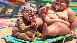 Elderly Granny Passionately Sucking BBW Feet on the Beach