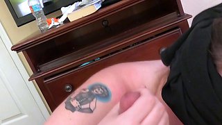 Big tit brunette sucks a big cock blowjob POV