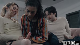 Big boobs MILF tutor seduced into a threesome with teen students