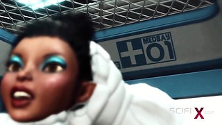 A sexy young busty ebony has hard anal sex with sex robot in the medbay - Creampie