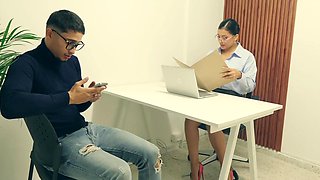 Hot boss lady getting pounded on the guy's dick so hard for his first task