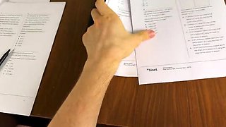 Schoolgirl Helps Big Cock Under Desk During Exam for Right Answers – Handjob Cumshot