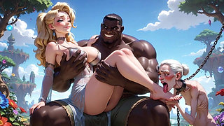 Old Granny Humiliated Licking Young Woman Feet - Sitting on Muscular Black Bull Lap
