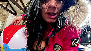 Dominant Pink Downjacket MILF Beach Ball Fetish. Deepthroat, Reverse Cowgirl, Doggy and Triple Cum