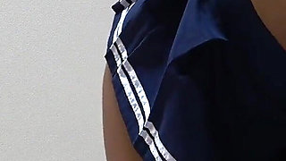 Busty Tanned Japanese Surfer Girl in Braless Student Uniform, Mini Skirt, Wedgie Thong Panties, Socks, Sexy Apartment Cleaning