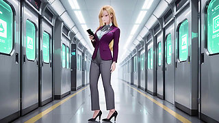 Blonde Boss in Purple Suit! Office Train Private Moments. She's Multitasking with Files While Secretly Adjusting Her Skirt...