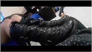 New Girl In Boots Talking To Slave And Her Feet On Cock With Slave Feet