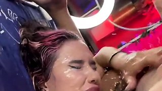 Very dirty double squirt in slut's dirty mouth