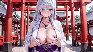 Silver-haired Miko Shrine Secrets! Half-unbuttoned White Kimono, Kneeling Poses and Intense Eye Contact.