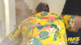Faux hostel - extreme visit by 2 stellar intergalactic backpackers turns into hot 3some with young natural body babes