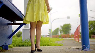 128 Subtle Outdoor Flirting with Passing Drivers at a Bus Stop. Do You Like My Legs? 60fps