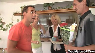 Son\u2019s blonde girlfriend sucks and rides old dick