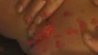 Humiliating wax play, dildo penetrated in huge piercing pussy pissing party