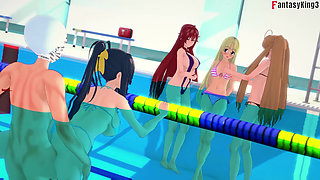 Rias & Akeno Thresome while phonecall and Akeno fucked in public Pool - DXD NTR Madness Series