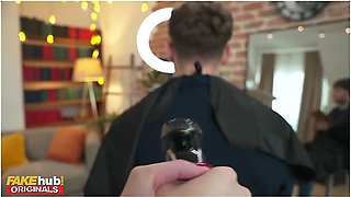 Michael Fly, Stacy Cruz And Brunette Babe In Natural Boob Brunette Trainee Working In Hairdressers Tries Cutting Clients Hair Herself