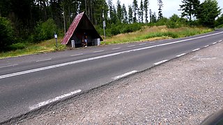European cougar flashing her tits and masturbating in public