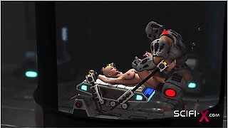 Sexy Horny Bald Girl In Cuffs Gets Fucked Hard By A Sex Cyborg In The Lab