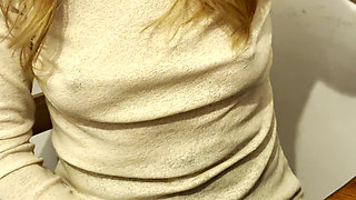Having Pizza in a sheer blouse in public  in a restaurant exposing my big nipples