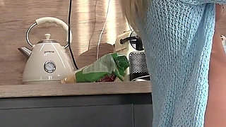 Hottest One of the Most Beautiful Wives Ever Petite Blonde in the Kitchen Goes No Panties Shows Tight Shaved Pussy and Naked Ass