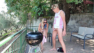Distressed Stepaunt Seduces and Fucks Virgin Stepnephew to Convince Him to Help Her with the Bbq Before the Guests Arrive