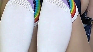 Girls Only Apartment in Japan, No Bra Big Tits Girl's Mini Skirt Overalls and Wedgie Thong Panties Observed From Under the Desk