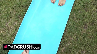 DadCrush - Sexy fit babe lets her stepdad move her panties and finger fuck her outdoors by the pool