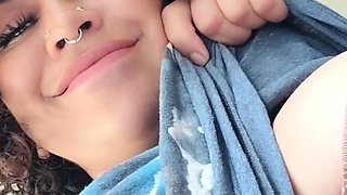 Busty curly brunette with big boobs fucks on couch