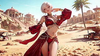 Desert Fantasy! Silver-haired Saintess's Private Dance in the Red-gold Palace, Light Ribbons Wrapping Around Her.