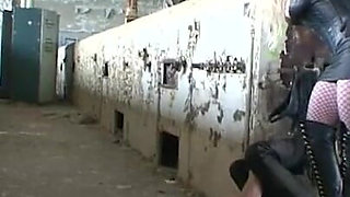 The blond woman humiliates and spanks on the masked guy