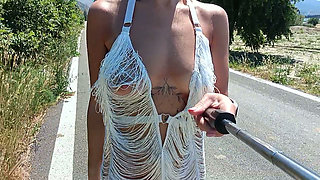 Public flashing of boobs and pussy, see-through dress
