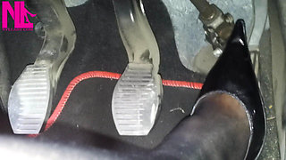 Sexy Speedy Driving in Patent Black Pumps and Seamed Black Pantyhose