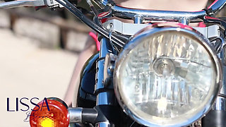 Fun with the Vibrations of My Bike, with Licking Belly Butto