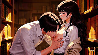 glasses beautiful woman , the private study session in the library.Super temptation. AI generated