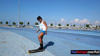 Skateboarding fail of big butt Thai MILF who fucks at home after