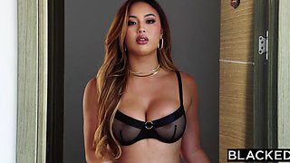 He notices her accepting cunnilingus from her lesbian friend and rushes to fuck her hard