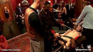 Slaves riding big male stick on bdsm table