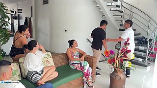 Hot Colombian MILF Cuckolds Boyfriend - Fucks Friend on Sofa in Front of Guests - Creampie & Squirting