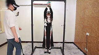 The Girlfriend Role-plays a Nun, Handcuffed and Shackled, Bound to an Iron Frame