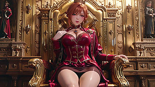Red Queen on the Golden Throne! Deep velvet gown, lazy chin rest, and a gaze that locks onto you.